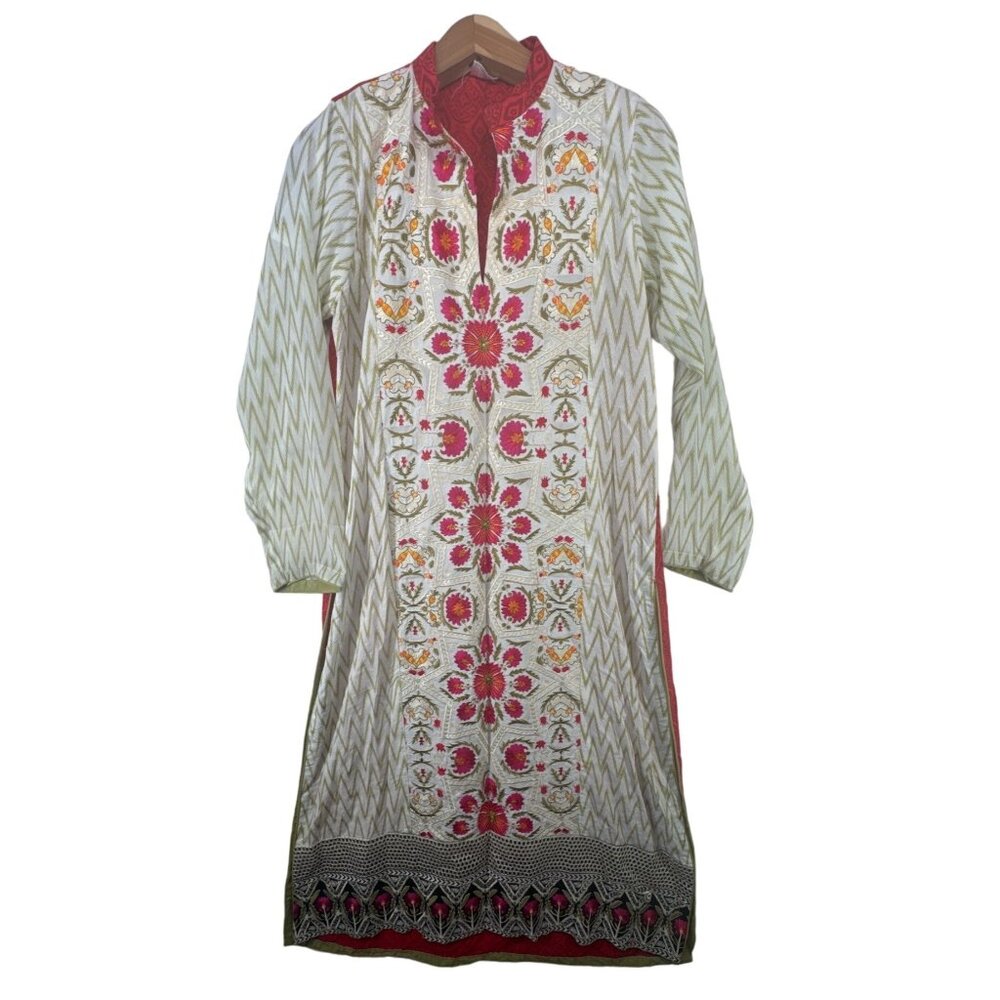 Ivory & Red Womens Kurti Sz M Floral Embroidered Mixed Media Ethnic Traditional
